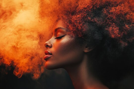 Woman with majestic afro hairstyle surrounded by vivid orange smoke in a dramatic artistic portrait