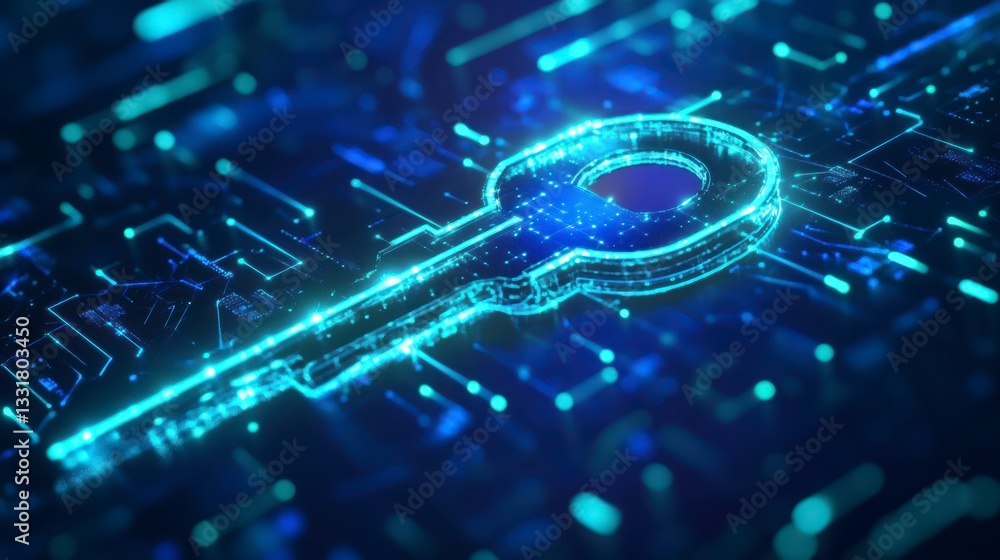 Poster digital key: a close-up shot of a luminous digital key hovering above a circuit board, illustrating 