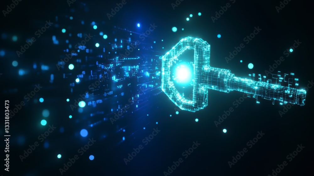 Poster cyber key: a glowing digital key emerging from a network of data points, symbolizing access, securit