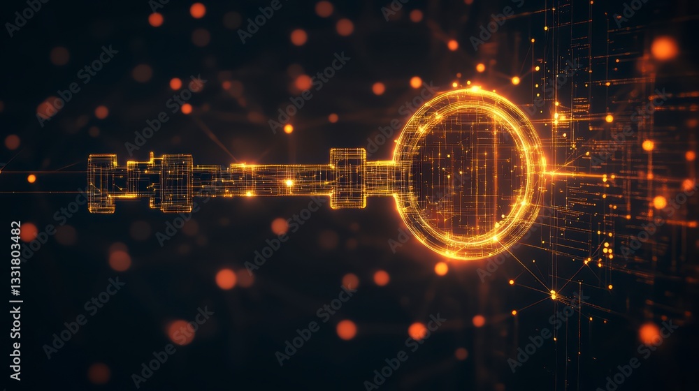 Poster digital key: a glowing, abstract key representing security, access, and digital solutions, symbolizi