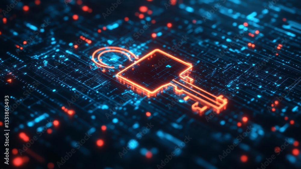 Poster digital key icon: a glowing, stylized digital key icon against a backdrop of interconnected circuits