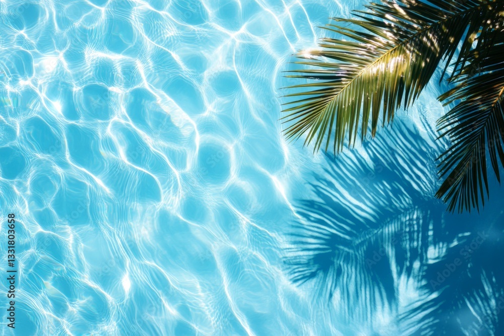 Poster Bright sunlight reflects off clear water, creating mesmerizing patterns beneath a leafy palm branch by the pool