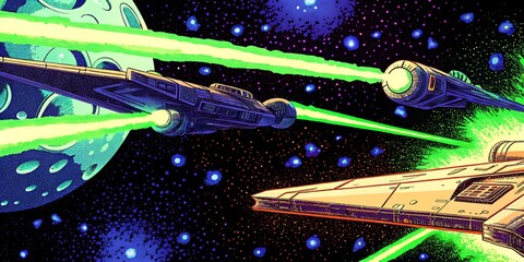 Space battle war with starships, comic style wallpaper, vintage grainy, soft textured sci-fi background