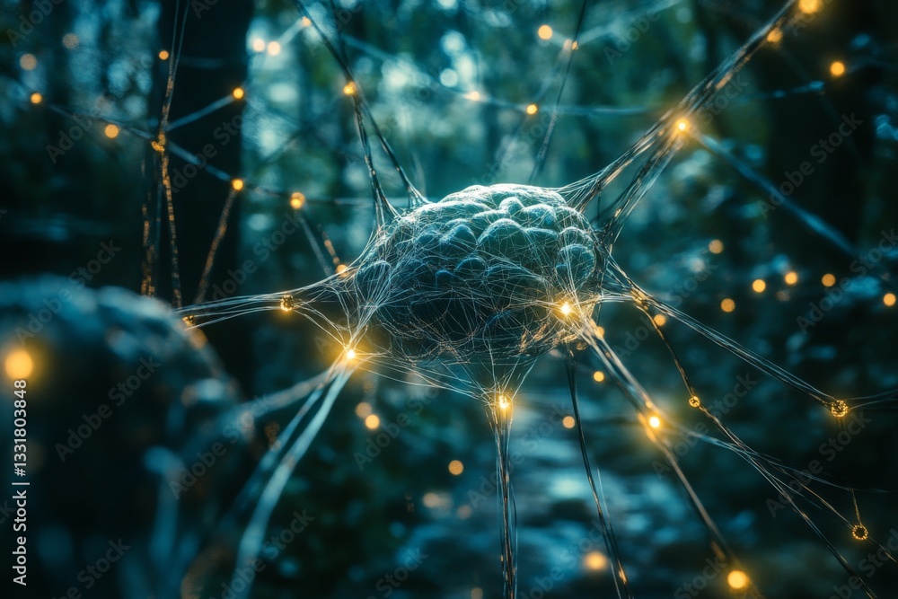 Leinwandbilder Intricate neural connections illuminated by glowing lights in a forest setting at dusk