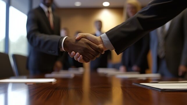 A close-up of a handshake between two colleagues in a well-lit conference room - Powered by Adobe