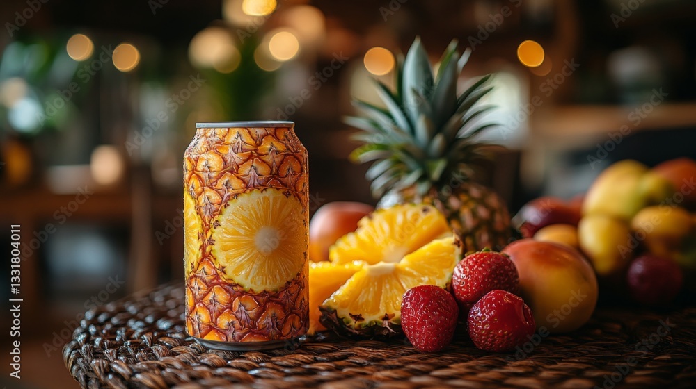Aufkleber a vibrant can design featuring pineapple is placed next to freshly cut pineapple slices, strawberrie
