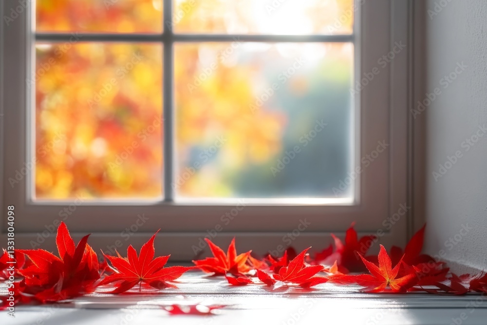 Poster bright red maple leaves scattered on the floor near a window showcasing autumn colors outside