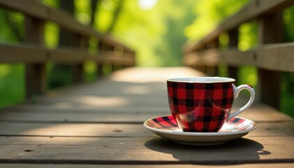 Obraz premium Brown plaid checkered tea cup on wooden bridge, wooden bridge, rustic atmosphere