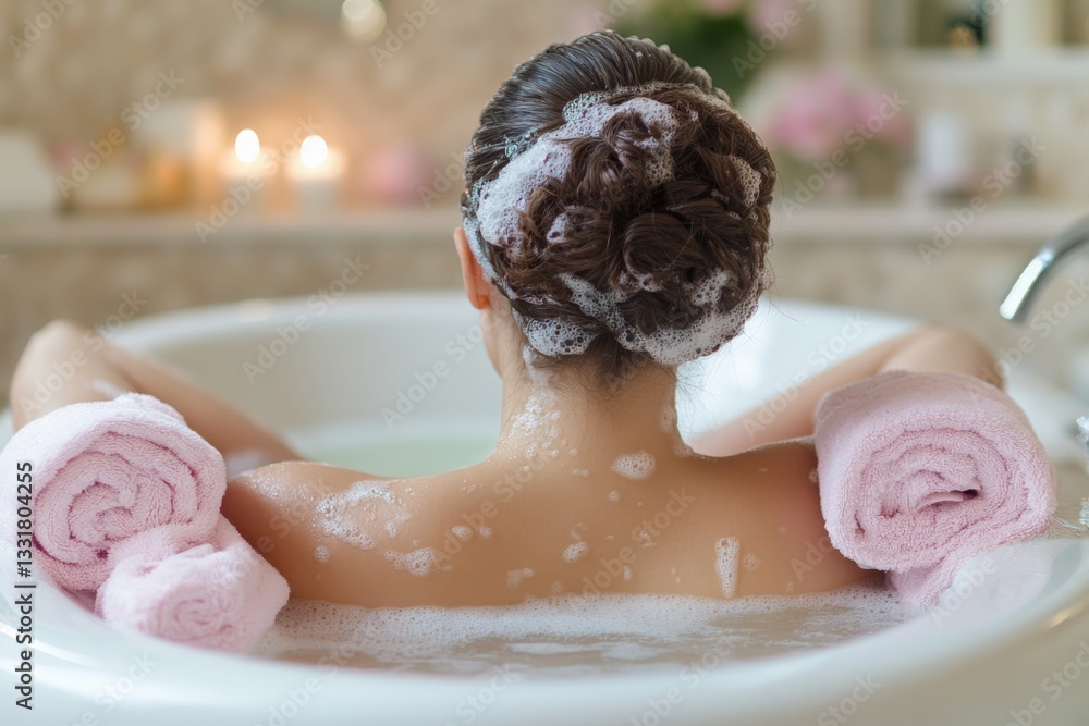 Poster relaxing bath time with soft towels and calming foam in a serene bathroom setting