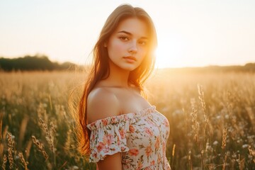 Young caucasian female in floral dress enjoying sunset in wheat field