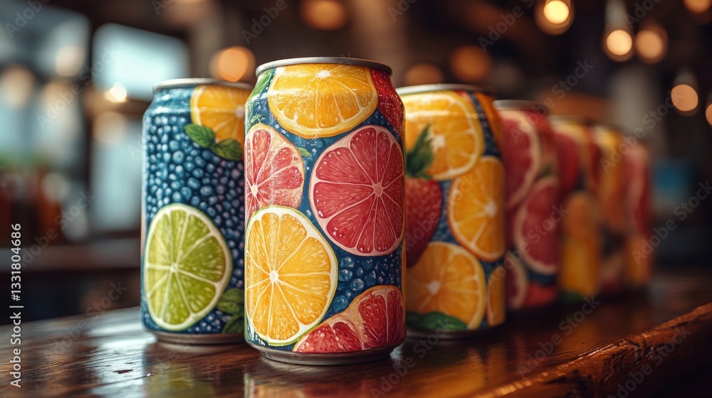 Poster cans adorned with vibrant fruit illustrations are arranged on a wooden bar counter. the warm ambianc