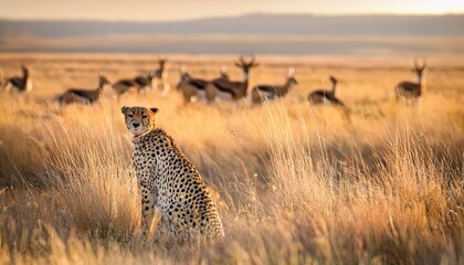 A cheetah rests quietly in the tall grasses of the steppe, its spotted body blending seamlessly into the sun-dappled surroundings, showcasing natural camouflage.


