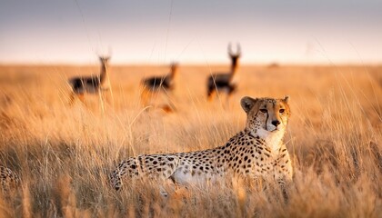 Naklejka premium A cheetah rests quietly in the tall grasses of the steppe, its spotted body blending seamlessly into the sun-dappled surroundings, showcasing natural camouflage.