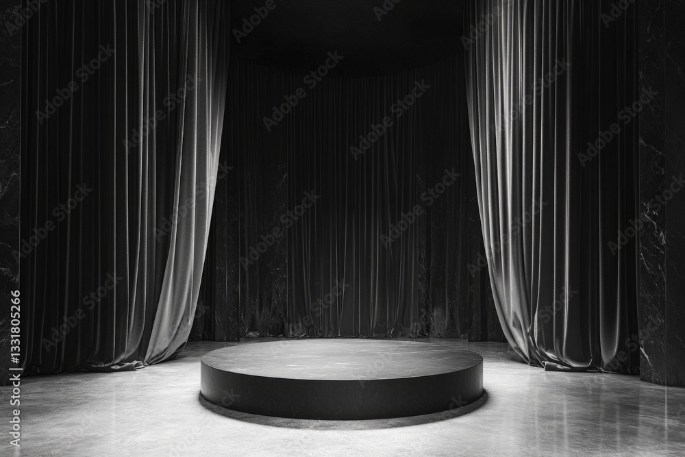 Poster dark and elegant stage with velvet curtains and a circular platform for performances or presentation