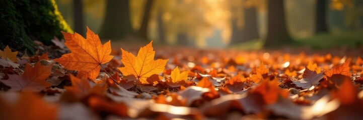 Burnt orange maple leaves scattered on forest floor, tree leaves, forest landscape