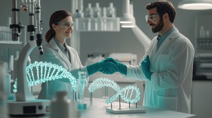 Two scientists in teal gloves shaking hands beside glowing DNA models and lab equipment,