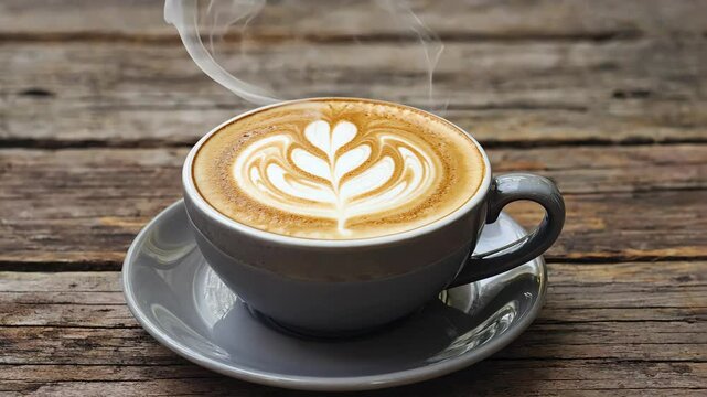 Latte Art Delight: Steaming cup of latte art, meticulously crafted atop a rich, creamy espresso base. Set against a rustic wooden backdrop