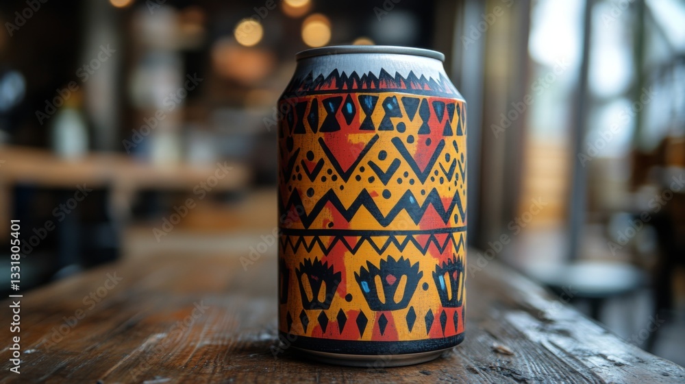 Poster A colorful beverage can adorned with intricate tribal designs is placed on a rustic wooden table. The indoor setting features a cozy atmosphere with soft lighting.