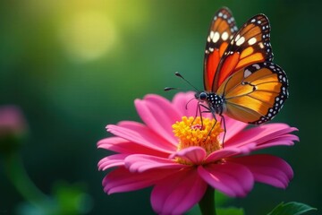 Fototapeta premium Butterflies sipping nectar from a colorful flower, petals, leaves