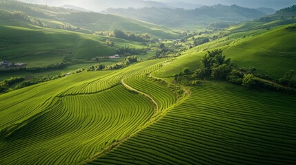 Fototapeta premium a vast landscape of rolling green hills and fields.