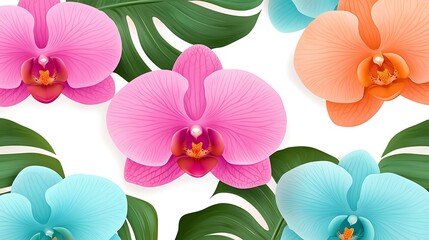 Fototapeta premium Colorful orchids & monstera leaves, flat white background, for patterns, wallpaper or textile design