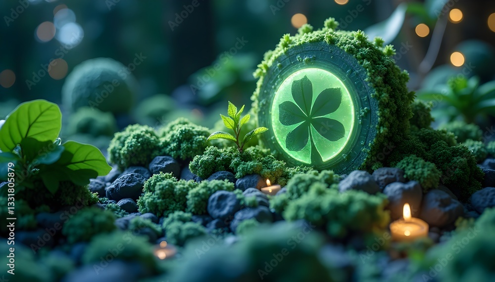 Poster a glowing green object with a four-leaf clover design is surrounded by lush greenery and soft candle