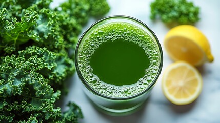 Fresh Green Kale Juice with Lemon on Marble Surface