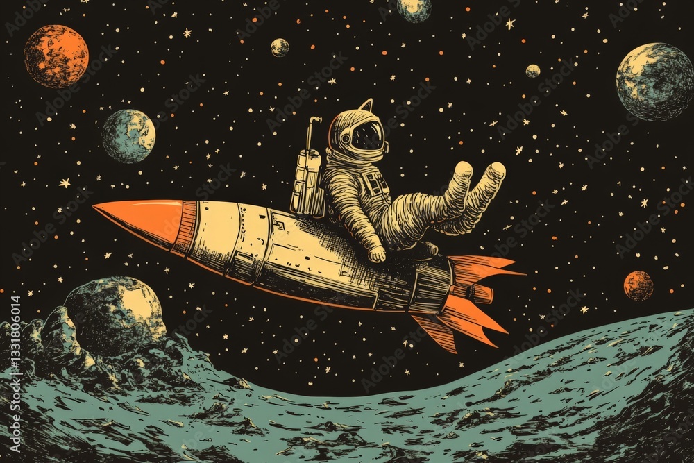 Poster Astronaut riding a rocket through a colorful space filled with planets and stars
