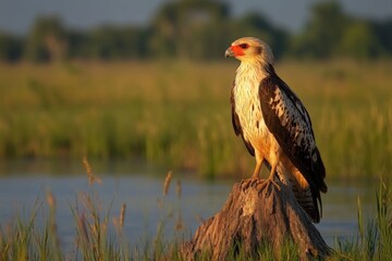Fototapeta premium Eagle perched on a stump near a tranquil water body surrounded by lush greenery in the golden light of sunset