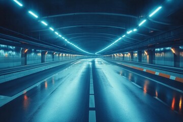 an illuminated tunnel with wet pavement and neon lights.