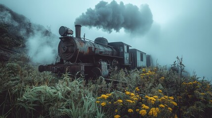 Fototapeta premium Enigmatic Steam Train in Misty Mountainside