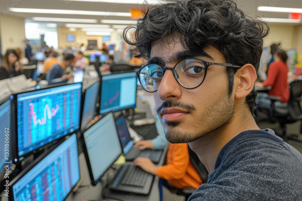 Poster young stock market trader with eyeglasses analyzing financial data on multiple monitors, working in 