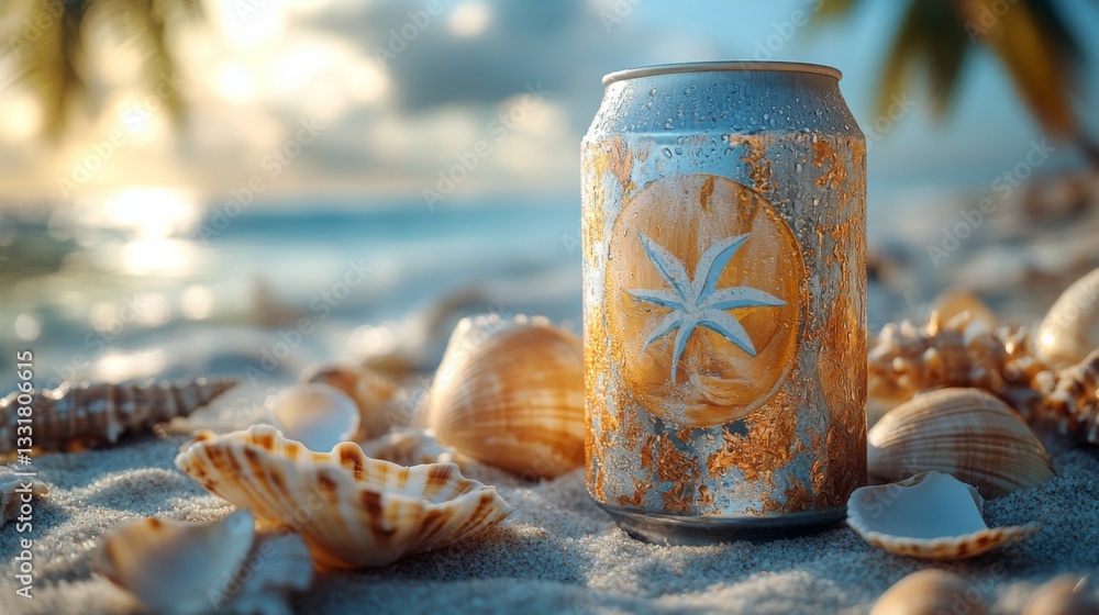 Poster A refreshing drink rests on sandy beach near seashells, capturing the essence of relaxation. Gentle waves and a colorful sunset form a picturesque backdrop.