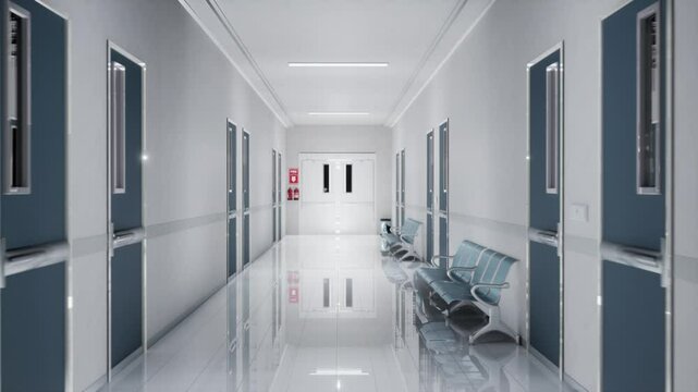 A Clean, Modern Hospital Corridor With Polished Floors And Bright Lighting