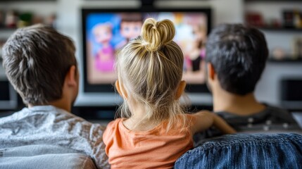 Family of three enjoying cartoon time together on TV, cozy evening, home entertainment.