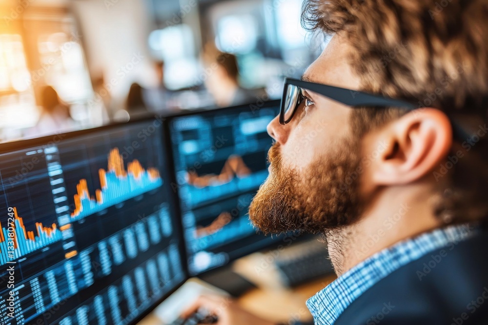Aufkleber a focused businessman with a beard analyzing stock market data, wearing glasses and looking intently