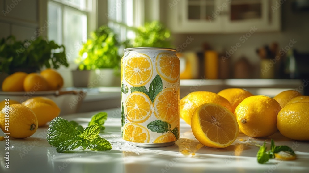Poster a vibrant can decorated with lemon graphics sits on a sunny kitchen counter, surrounded by fresh lem