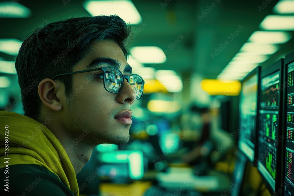 Poster a young stock trader wearing glasses analyzes financial data on multiple screens with graphs and cha