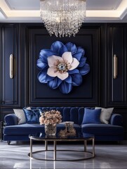 Luxurious dark blue living room with a statement floral wall art piece