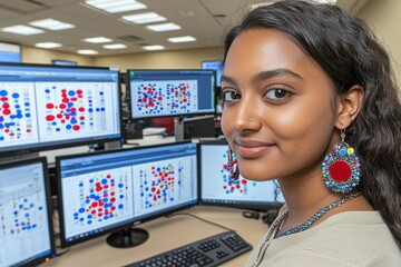 Smiling data scientist with analytical skills works with complex data visualizations on multiple screens, wearing jewelry in a modern office environment, exhibiting expertise.