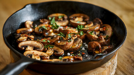 Saut&eacute;ed sliced mushrooms, glistening with oil in a black cast iron skillet, garnished to perfection, offer a savory, tender bite with rich, earthy flavors