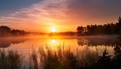 Obraz premium Stunning sunrise over a calm lake with mist and vibrant colors. 
