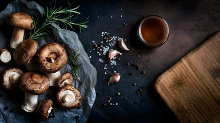 mushrooms and aromatic herbs, artistically arranged on a dark textured surface beside a warm wooden cutting board, evoke a rustic, savory symphony of nature’s finest