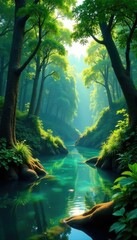 Obraz premium Dense foliage and vines surround a tranquil river, trees, tropical, serene