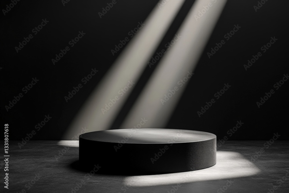Aufkleber minimalist stage with dramatic lighting highlighting a circular podium in an abstract black environm