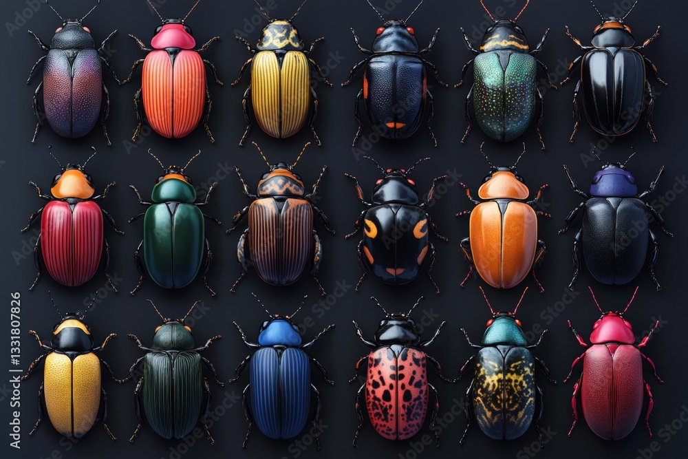 Poster Colorful beetles displayed in a grid format showcasing diverse species and unique patterns