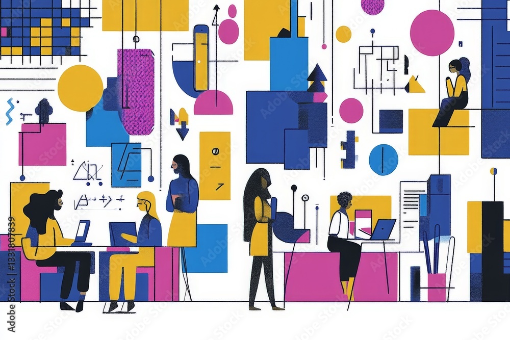 Poster Dynamic workspace featuring diverse individuals engaged in collaborative tasks and creative activities during office hours