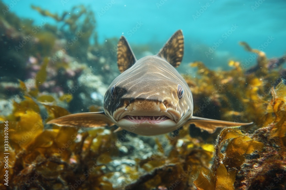 Poster Fish swims through kelp forest with vibrant underwater colors in a tranquil ocean setting during daylight hours