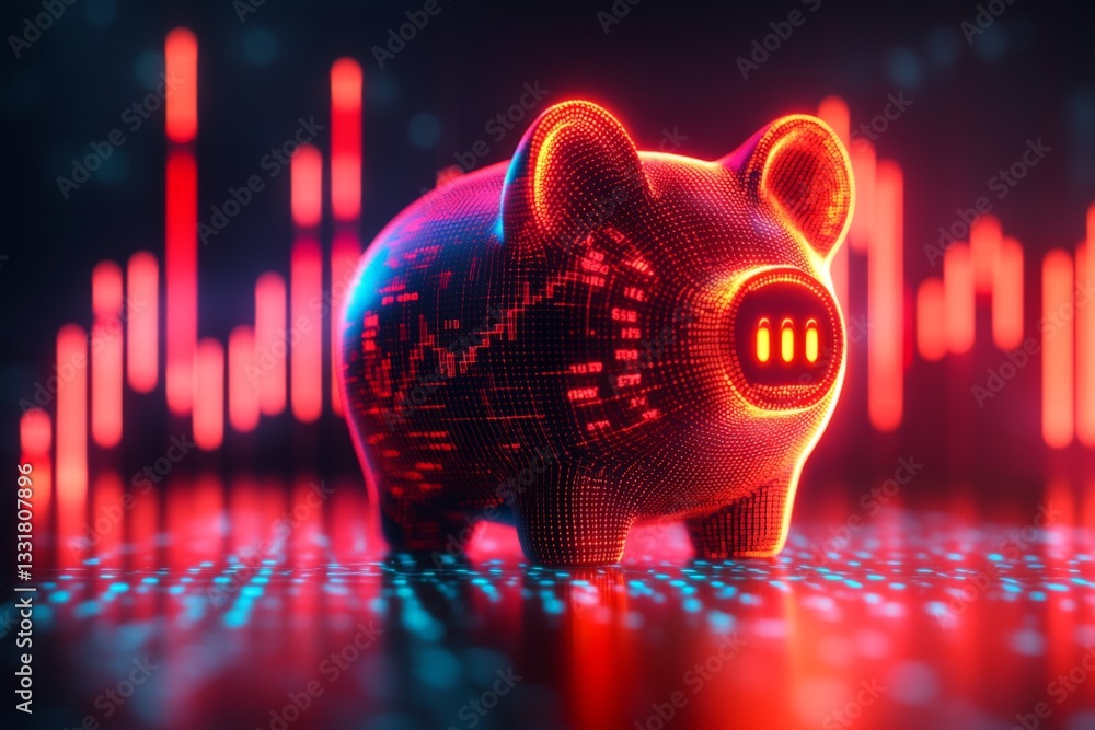 Aufkleber Digital piggy bank stands out against glowing financial data displays in a futuristic setting