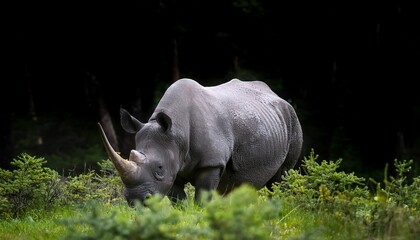 Obraz premium A critically endangered black rhinoceros quietly grazes in a forest glade, its thick, textured skin blending with the dappled shadows, a serene and poignant wildlife moment.